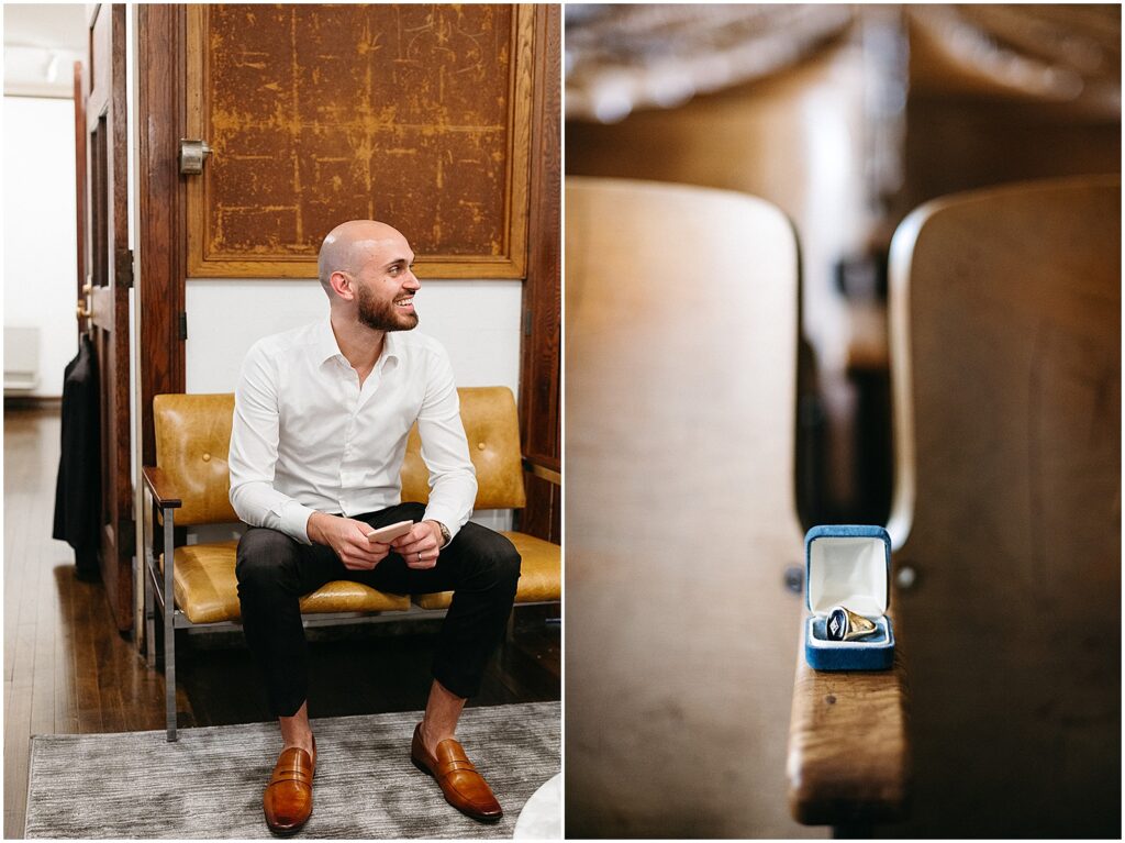 A groom sits in a suite in the BOK Building in Philadelphia.
