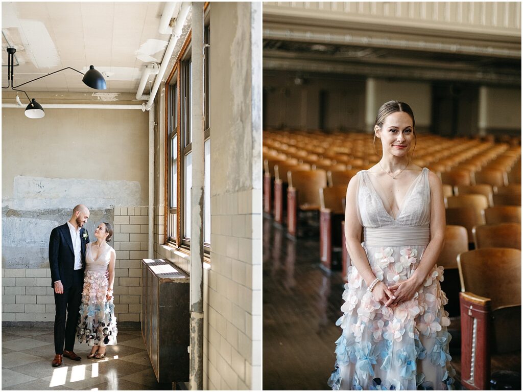 A bride stands in front of a row of auditorium chairs in a Philadelphia wedding venue.