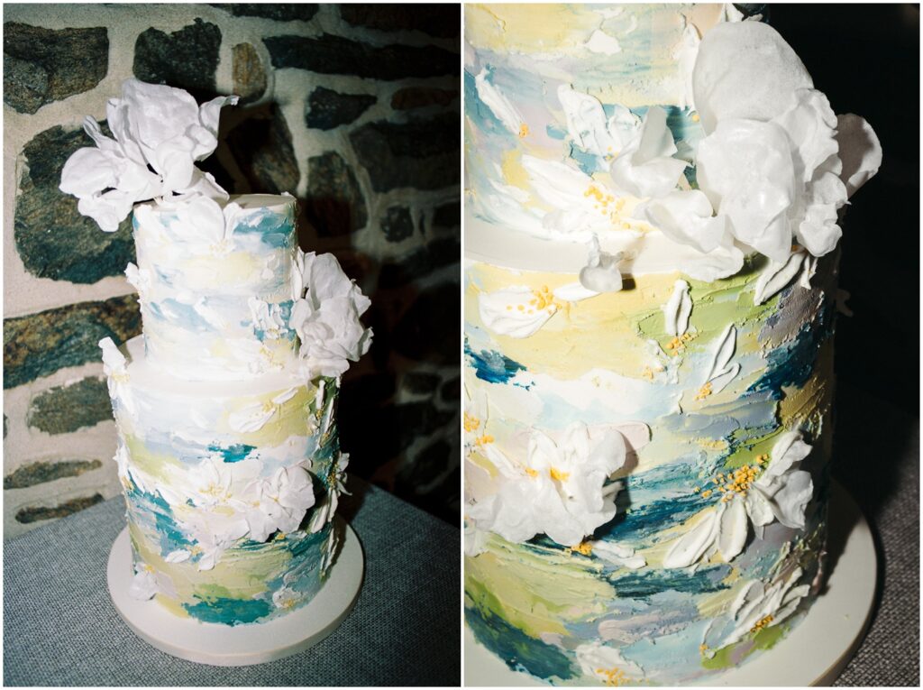 Blue, yellow, and white icing forms flowers on a Philadelphia wedding cake.
