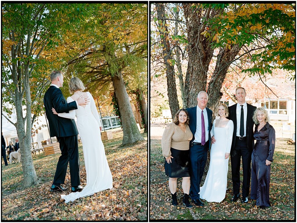 A bride and groom pose with family members for formal wedding photos.