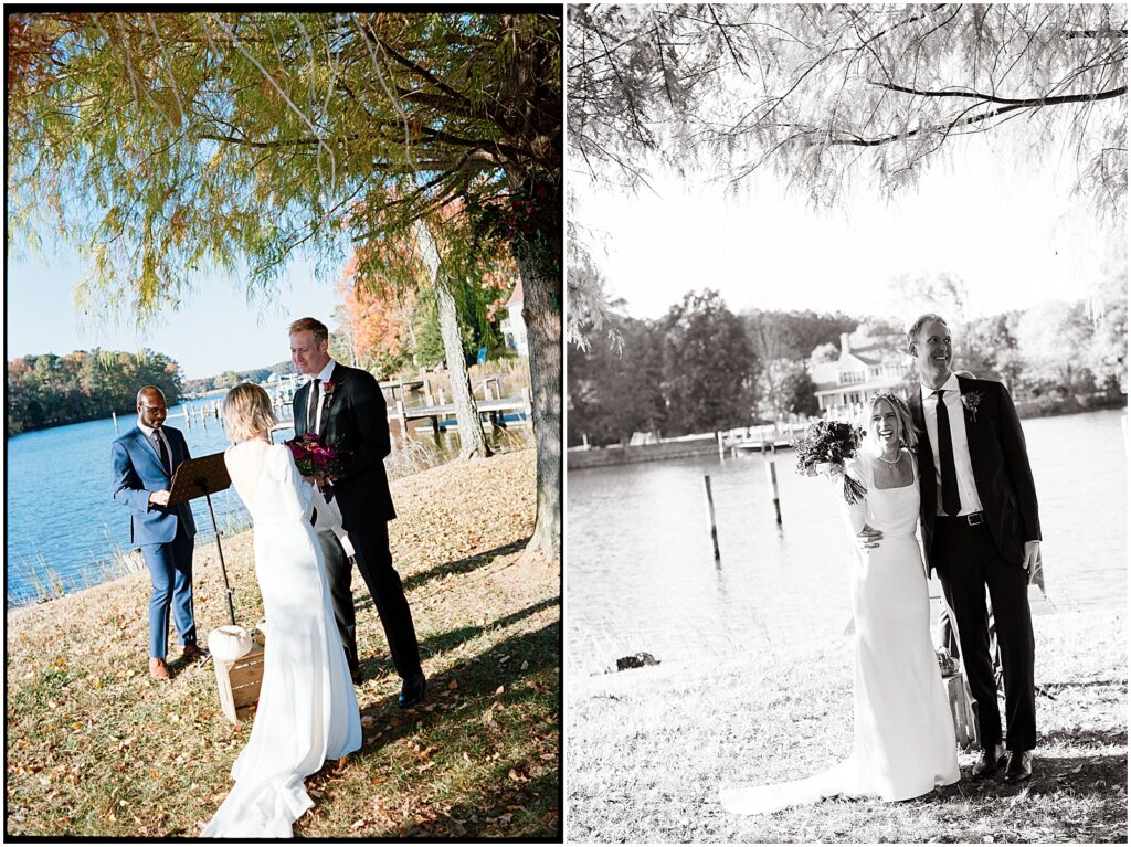 At a lakeside wedding ceremony, a bride and groom turn to face their guests.