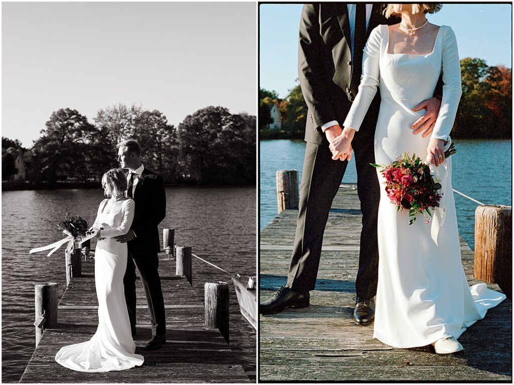 A bride and groom pose on a dock for editorial wedding photos.