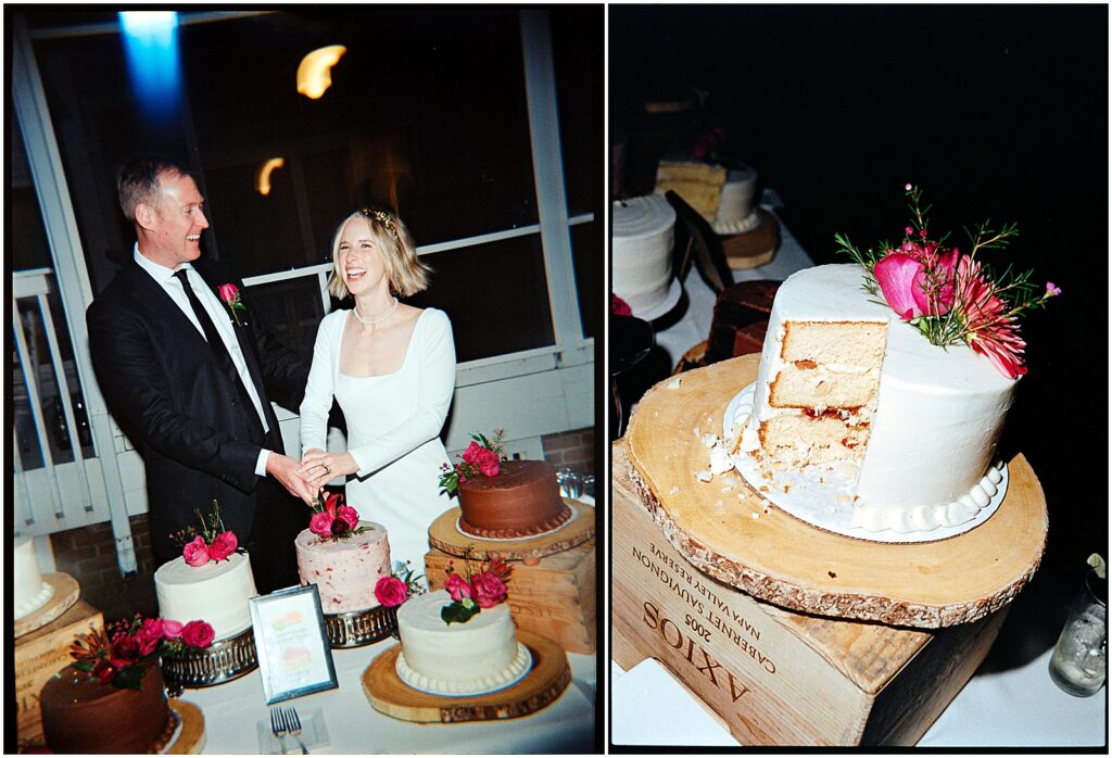 A bride and groom laugh as they cut a wedding cake in wedding photography on film.