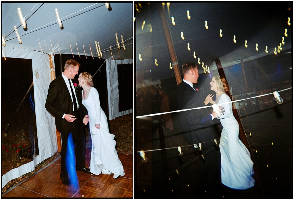 A bride and groom share a first dance at their fall wedding.