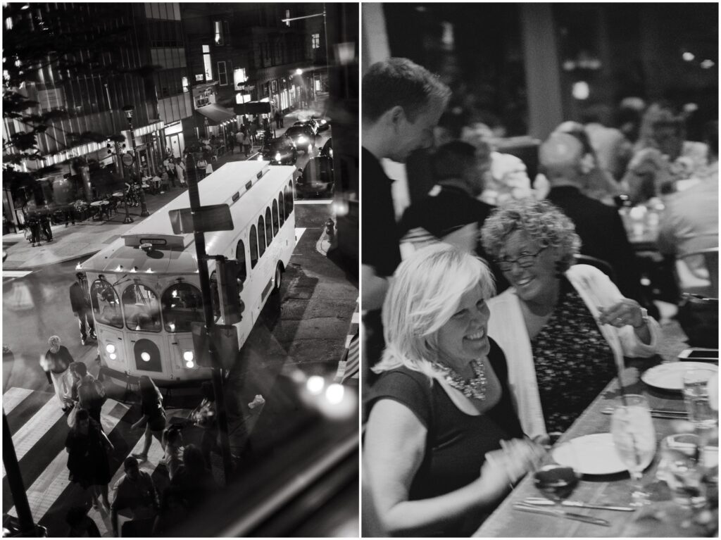 A trolley of wedding guests arrives at a Philadelphia restaurant.