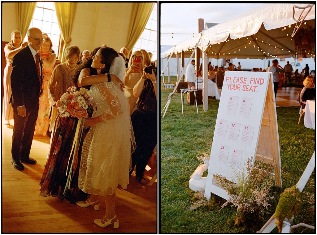 A wedding reception sign in displays a seating chart in front of a tent.