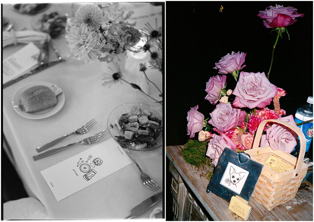 A wedding reception table is set with custom menus and colorful wedding flowers.