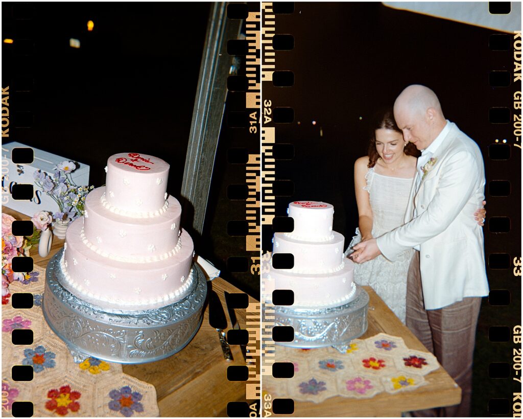 A bride and groom cut a pink and purple wedding cake in a film wedding photo.