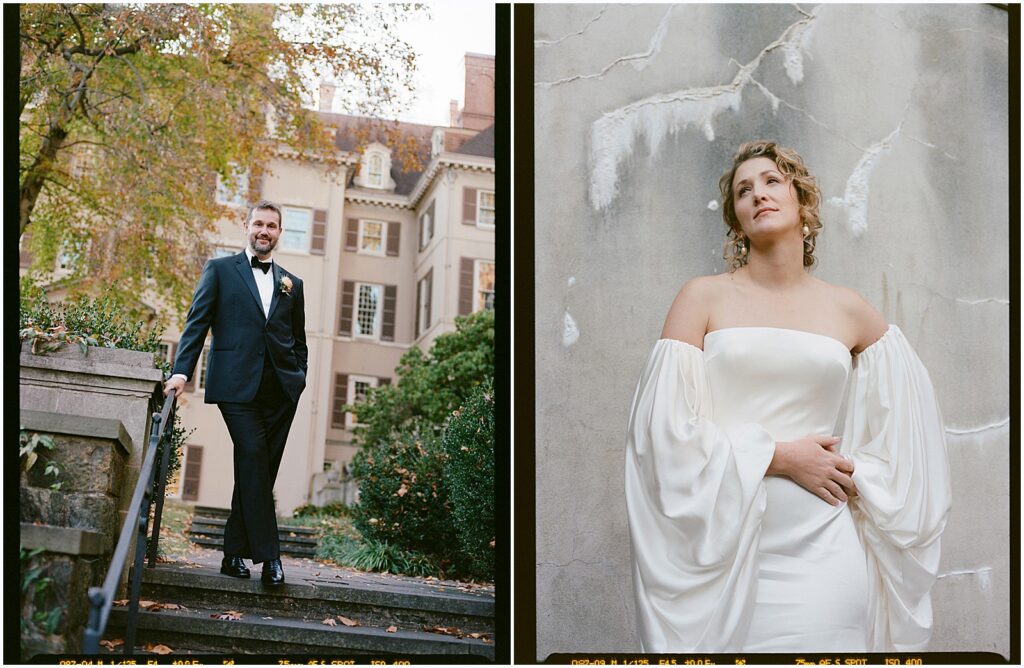 A bride and groom pose for film wedding photography at Winterthur.