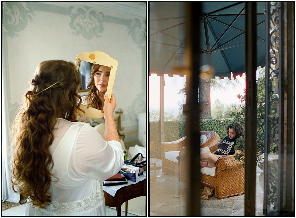 A bride holds up a gold hand mirror and applies makeup before her destination wedding.