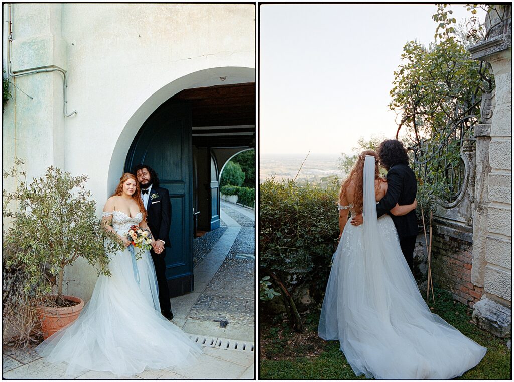 A bride and groom lean against an arched doorway at an Italian villa.