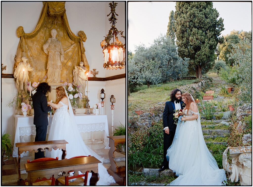 A bride and groom exchange private vows in a chapel at their destination wedding in Italy.