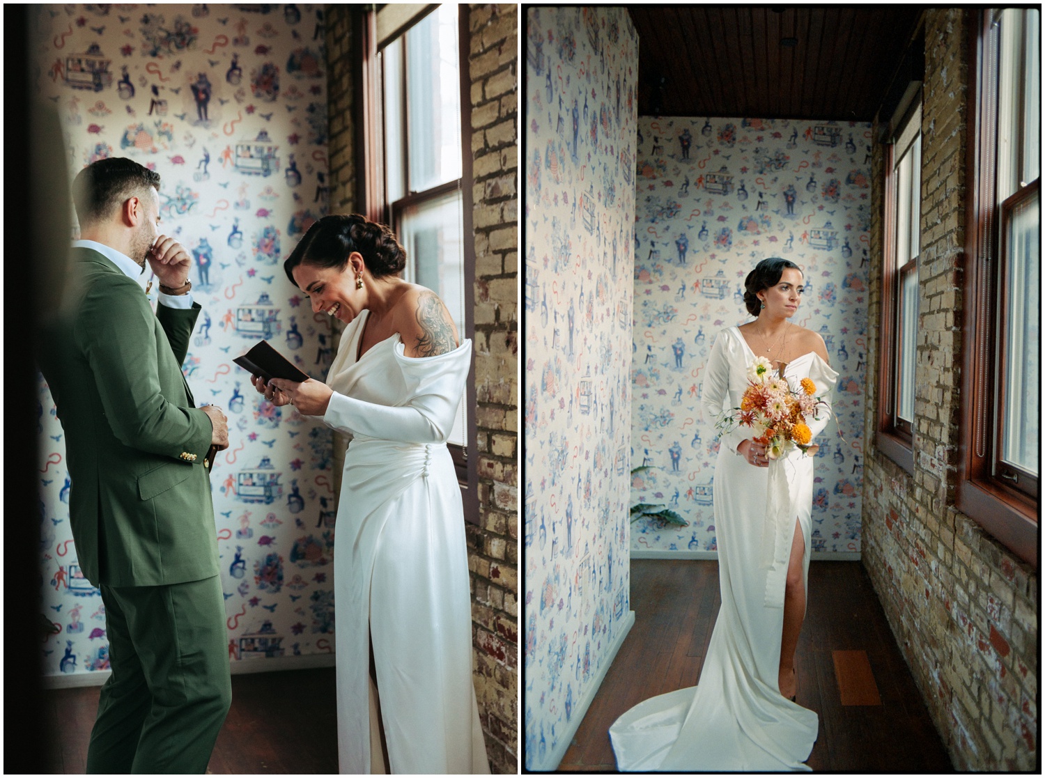 Left: The bride and groom laugh at each others vows. Right: A Philadelphia Bride poses with her bouquet by Bird Seed Florals