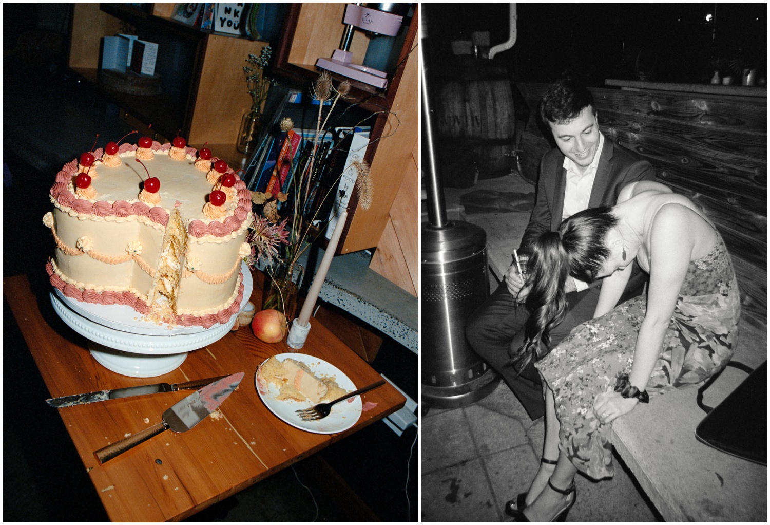Left: a heart shaped wedding cake after the couple has cut it. Right: a couple takes a break from the dance floor.